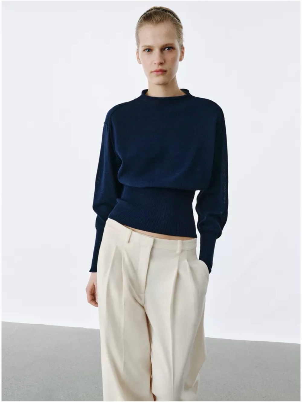 Zara Navy Ribbed Waist Crewneck Sweater